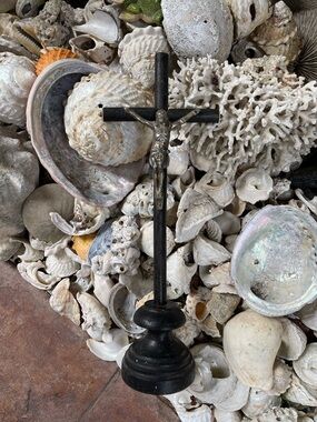 Antique Black Wood Crucifix Stand with Metal Corpus